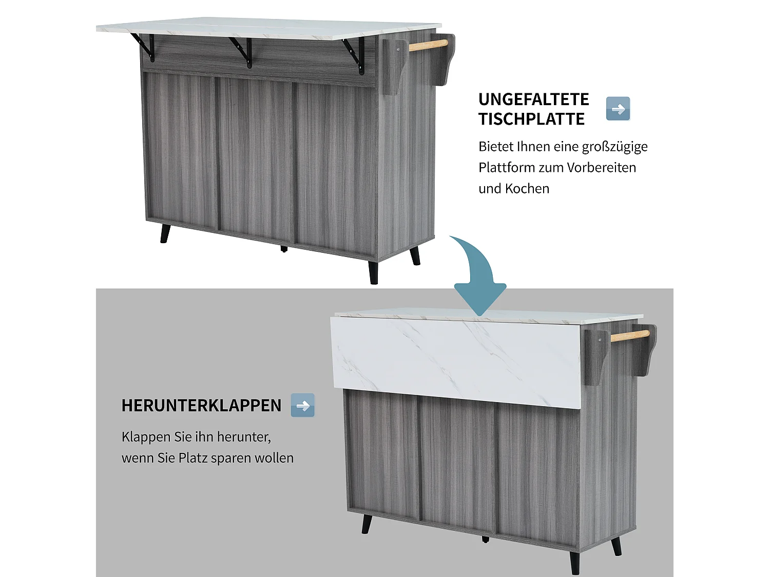 Centraal verrijdbaar keukeneiland met 3 deuren en 2 laden - uitschuifbaar blad - 129x46/71x91,5 cm - MDF hout + metaal - Grijs