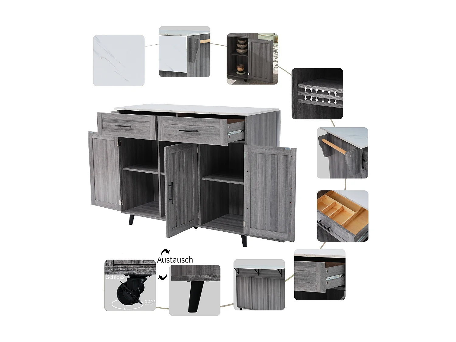 Ilot central de cuisine mobile avec 3 portes et 2 tiroirs - plateau extensible - 129x46/71x91,5 cm - Bois MDF + métal - Gris