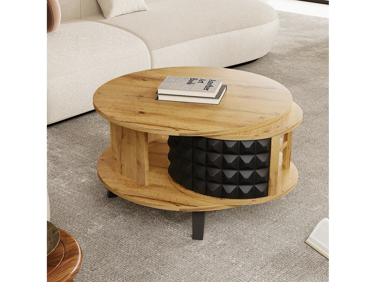 Ronde salontafel met draaibare opbergplanken - 85,2 x 80 x 45,2 cm - spaanplaat - naturel + zwart