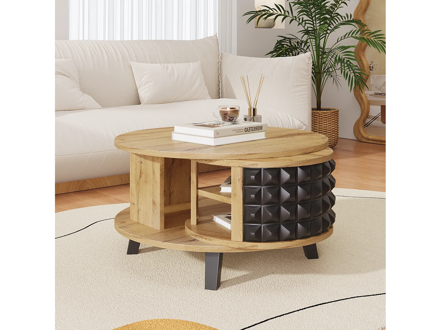 Ronde salontafel met draaibare opbergplanken - 85,2 x 80 x 45,2 cm - spaanplaat - naturel + zwart