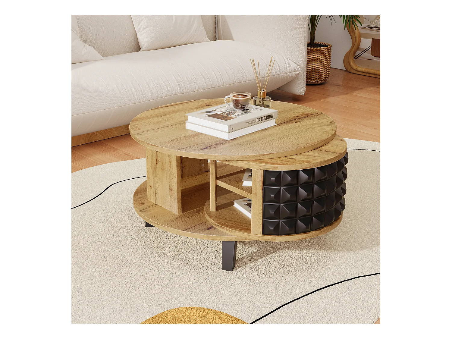 Table basse ronde avec étagères de rangement pivotante - 85,2 x 80 x 45,2 cm - Panneau de particules - naturel + noir