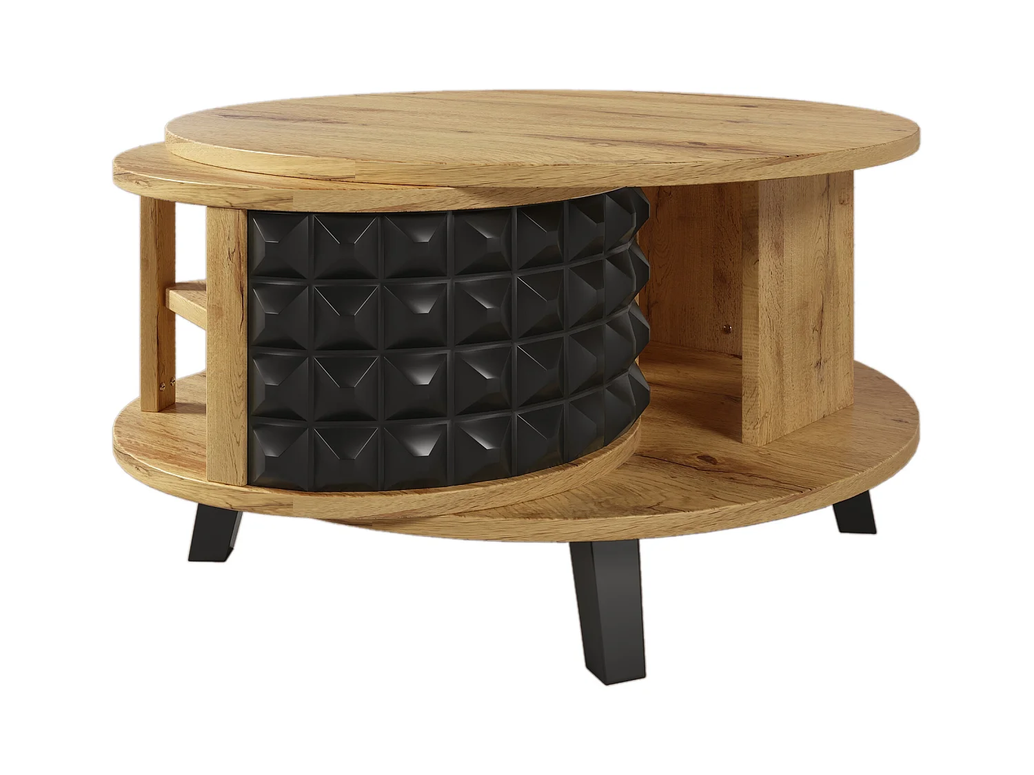 Table basse ronde avec étagères de rangement pivotante - 85,2 x 80 x 45,2 cm - Panneau de particules - naturel + noir