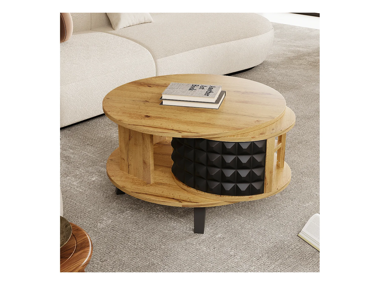 Table basse ronde avec étagères de rangement pivotante - 85,2 x 80 x 45,2 cm - Panneau de particules - naturel + noir