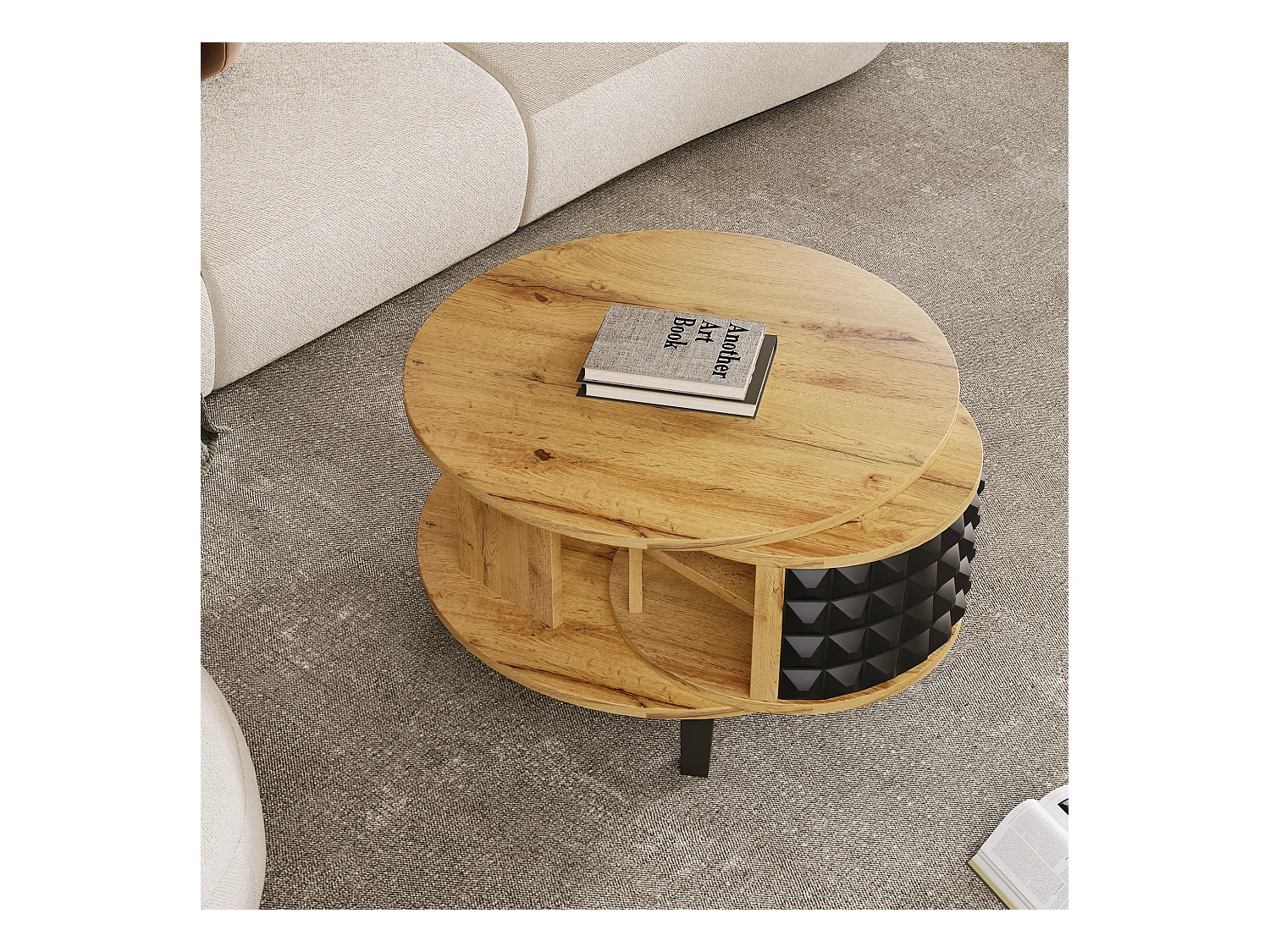 Table basse ronde avec étagères de rangement pivotante - 85,2 x 80 x 45,2 cm - Panneau de particules - naturel + noir