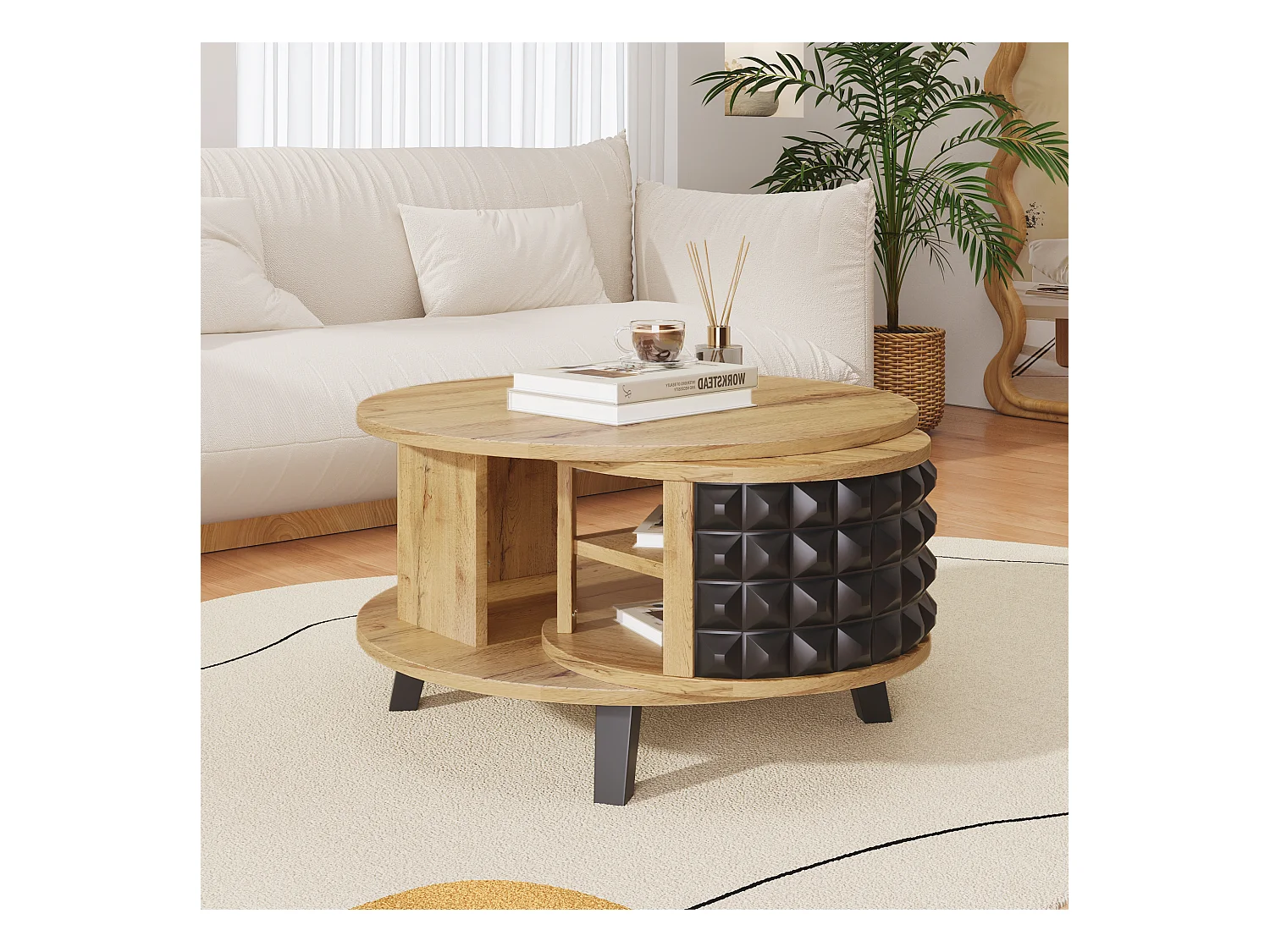 Table basse ronde avec étagères de rangement pivotante - 85,2 x 80 x 45,2 cm - Panneau de particules - naturel + noir