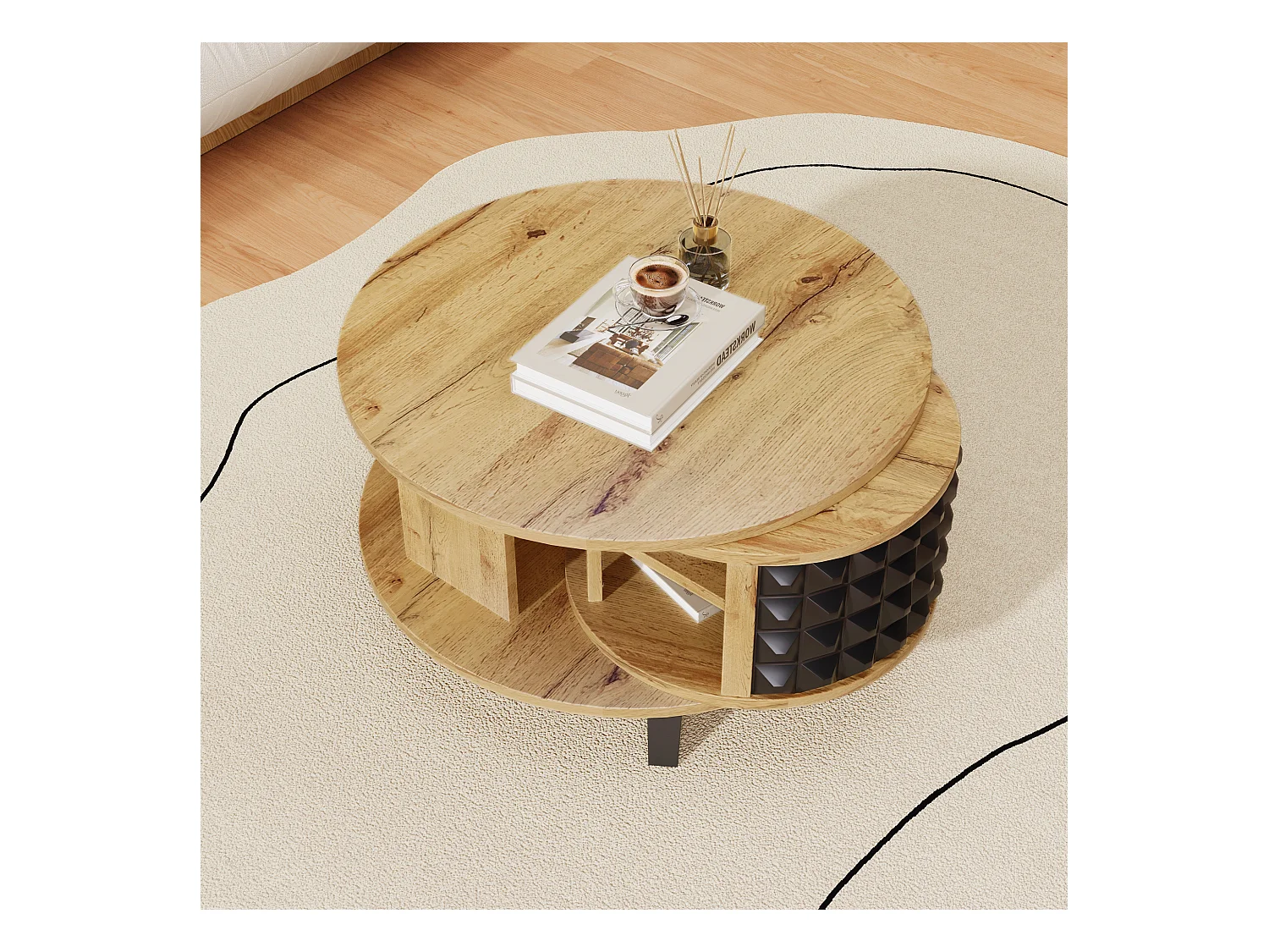 Table basse ronde avec étagères de rangement pivotante - 85,2 x 80 x 45,2 cm - Panneau de particules - naturel + noir