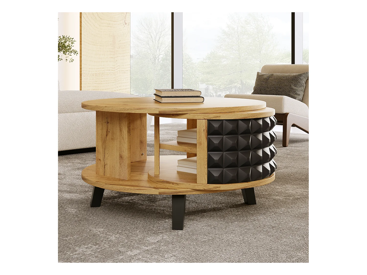 Table basse ronde avec étagères de rangement pivotante - 85,2 x 80 x 45,2 cm - Panneau de particules - naturel + noir