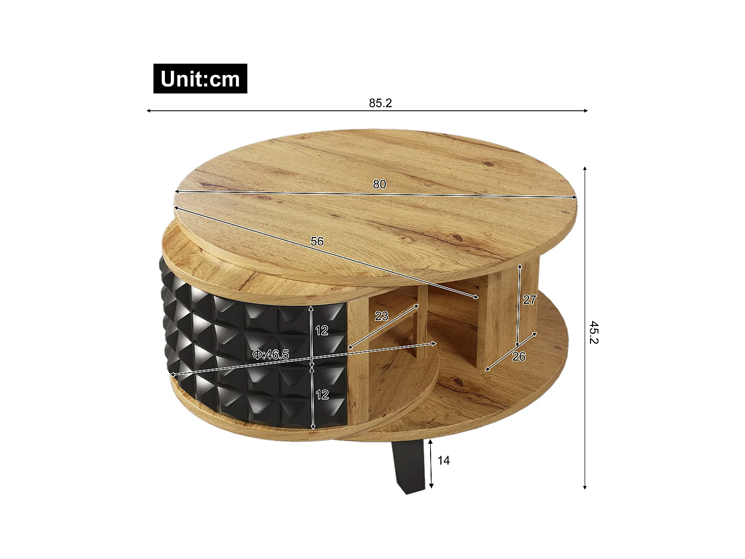 Table basse ronde avec étagères de rangement pivotante - 85,2 x 80 x 45,2 cm - Panneau de particules - naturel + noir