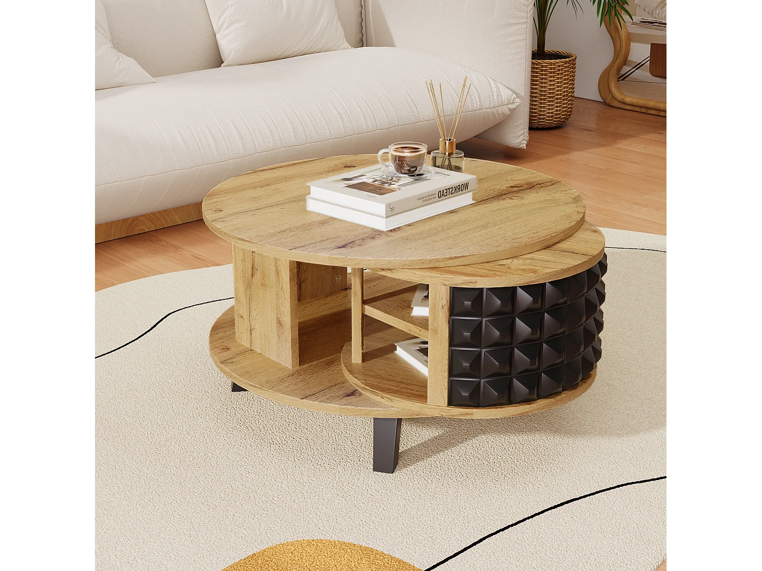 Table basse ronde avec étagères de rangement pivotante - 85,2 x 80 x 45,2 cm - Panneau de particules - naturel + noir