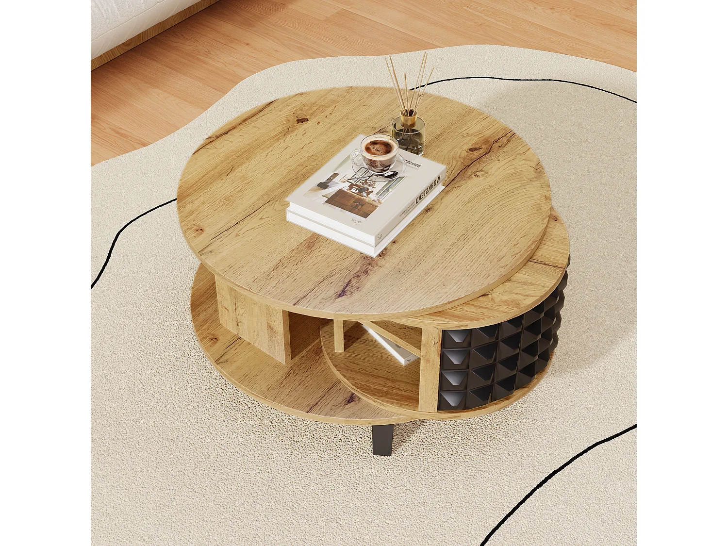 Table basse ronde avec étagères de rangement pivotante - 85,2 x 80 x 45,2 cm - Panneau de particules - naturel + noir