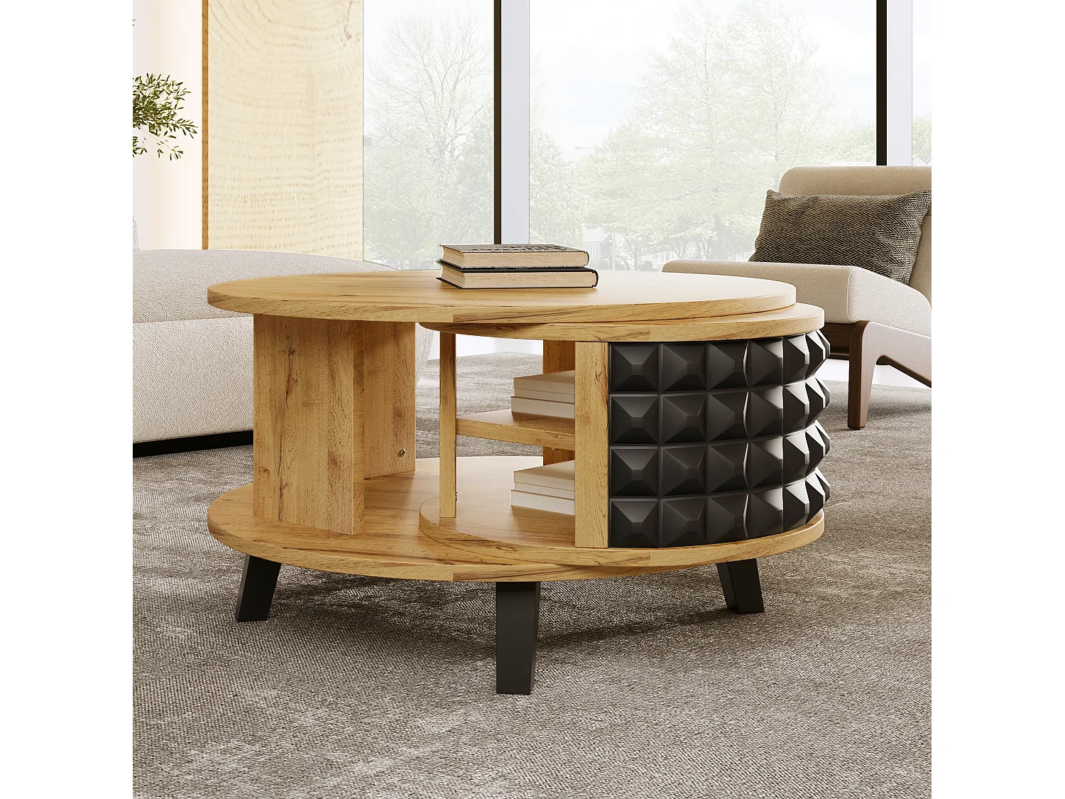 Table basse ronde avec étagères de rangement pivotante - 85,2 x 80 x 45,2 cm - Panneau de particules - naturel + noir