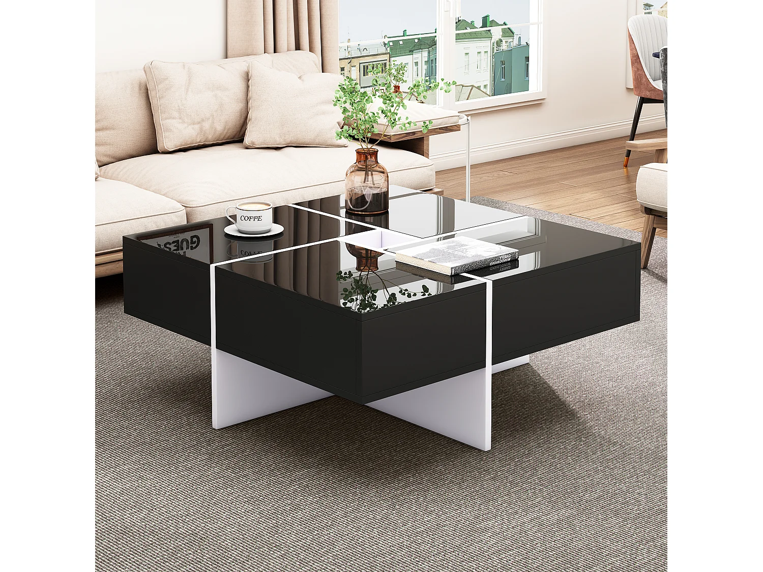 Table basse coulissante avec 4 compartiments cachés - 70 x 70 x 35 cm - panneaux de particules - noir
