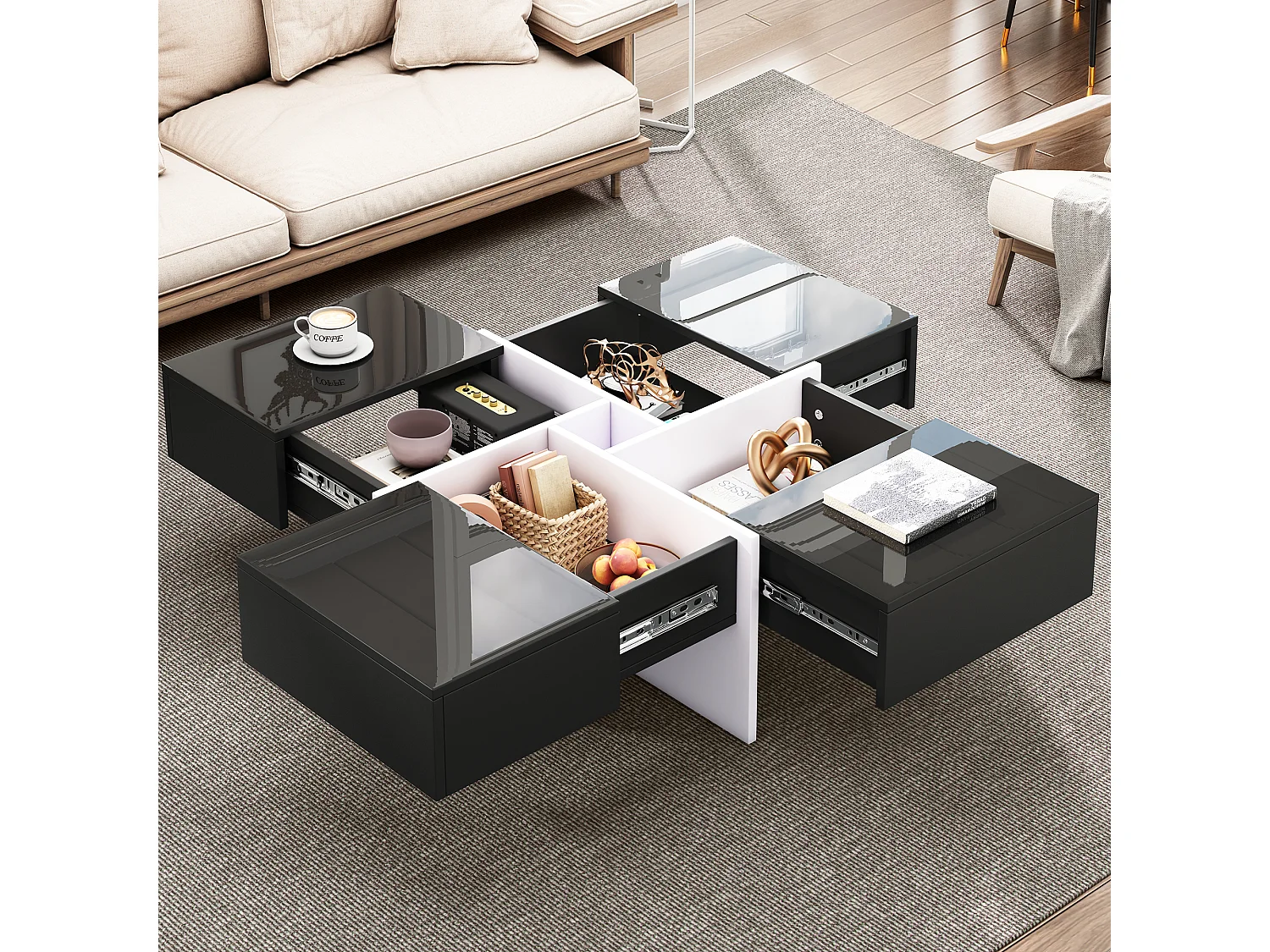 Table basse coulissante avec 4 compartiments cachés - 70 x 70 x 35 cm - panneaux de particules - noir