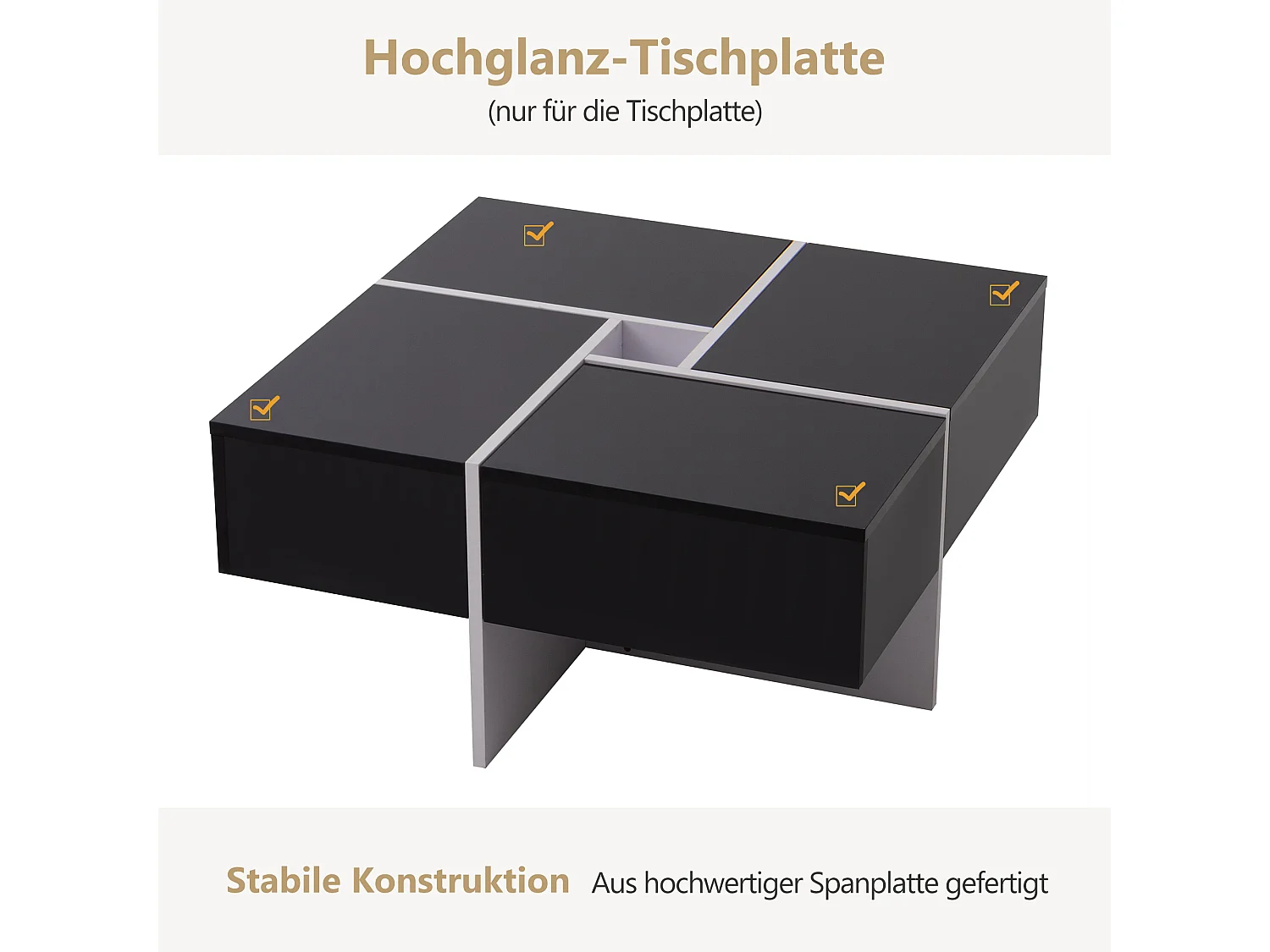 Table basse coulissante avec 4 compartiments cachés - 70 x 70 x 35 cm - panneaux de particules - noir
