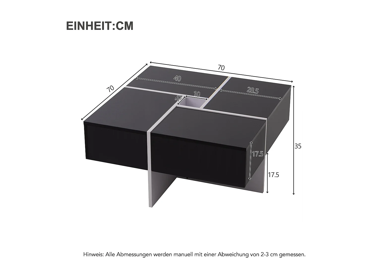 Table basse coulissante avec 4 compartiments cachés - 70 x 70 x 35 cm - panneaux de particules - noir