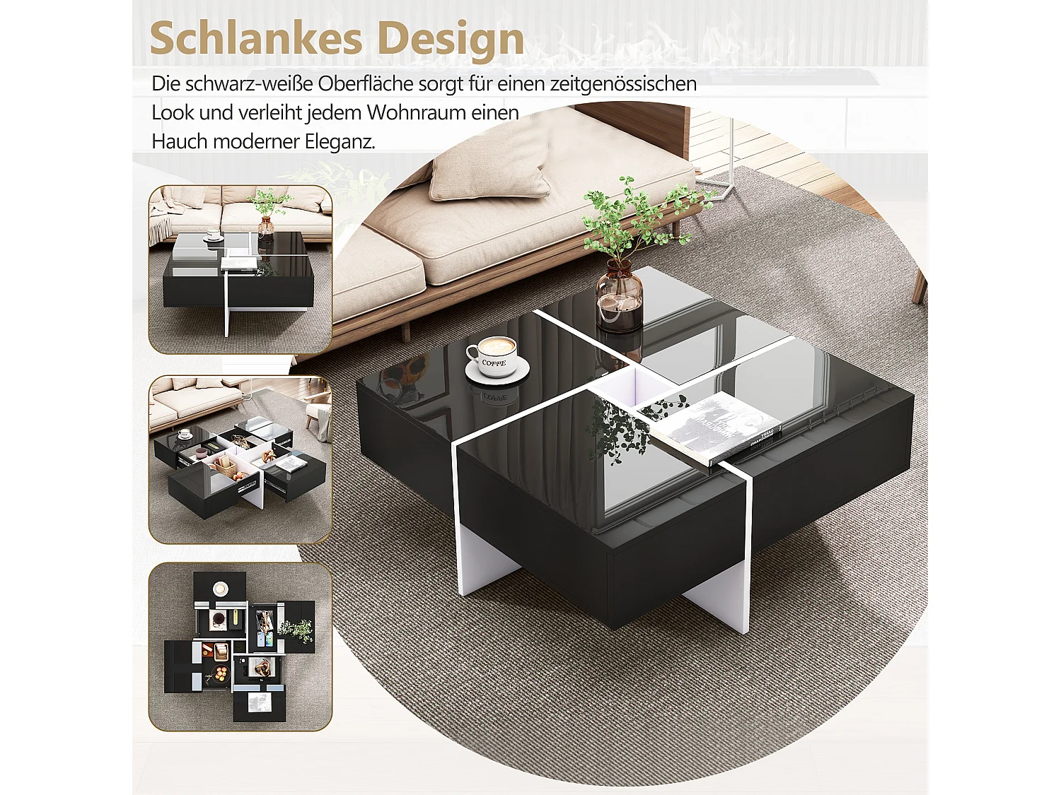 Table basse coulissante avec 4 compartiments cachés - 70 x 70 x 35 cm - panneaux de particules - noir