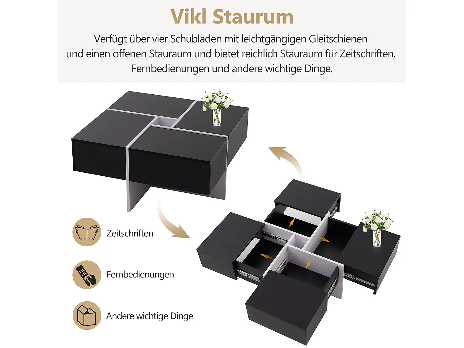Table basse coulissante avec 4 compartiments cachés - 70 x 70 x 35 cm - panneaux de particules - noir