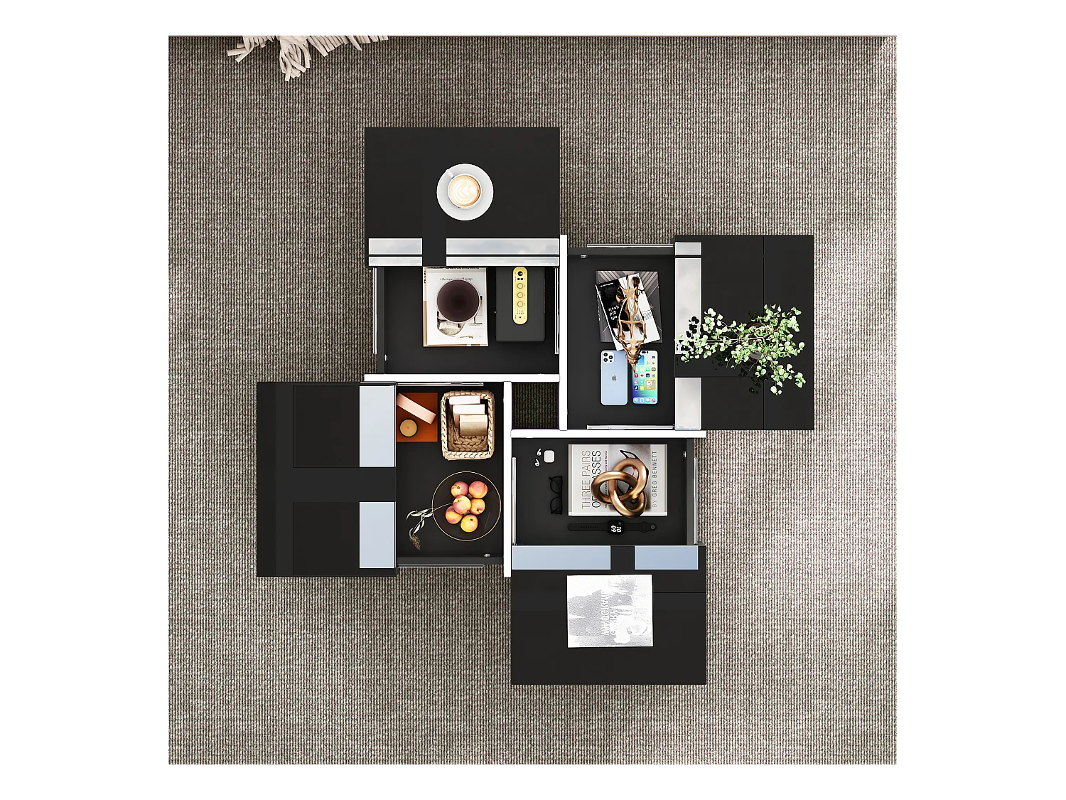 Salontafel met 4 verborgen vakken - 70 x 70 x 35 cm - spaanplaat - zwart