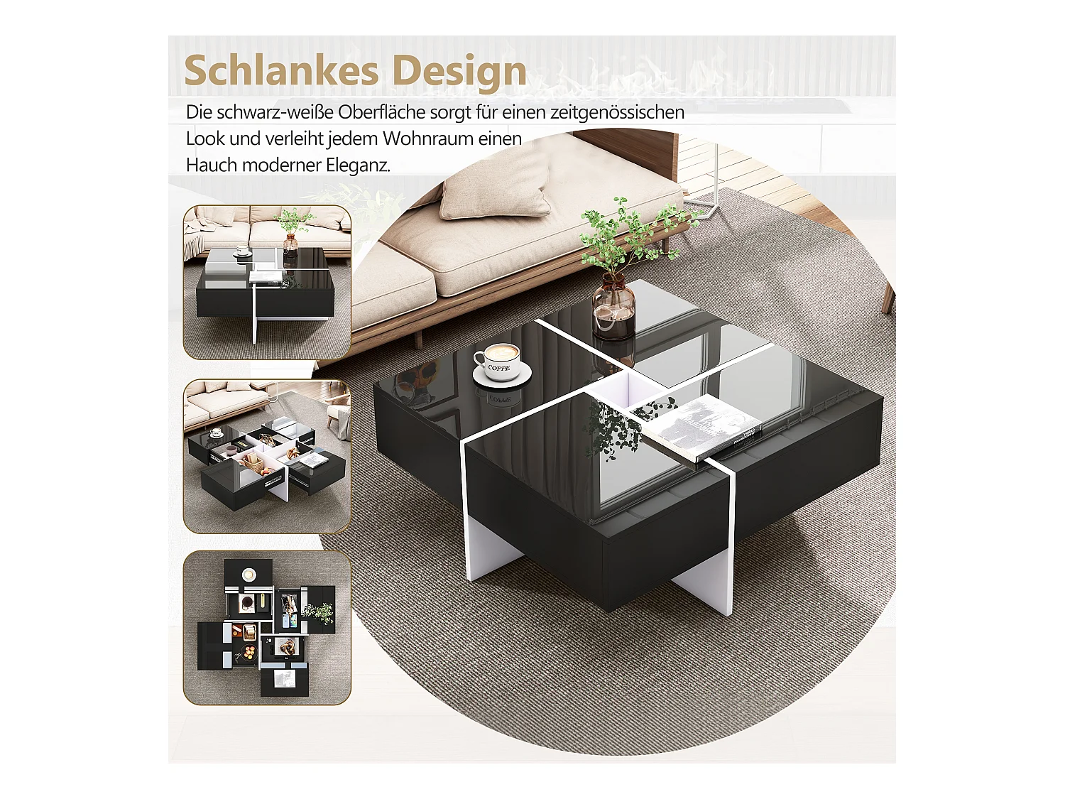 Salontafel met 4 verborgen vakken - 70 x 70 x 35 cm - spaanplaat - zwart