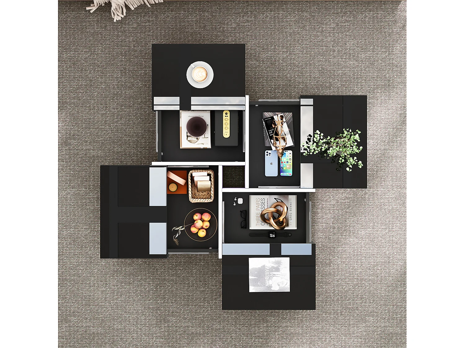 Table basse coulissante avec 4 compartiments cachés - 70 x 70 x 35 cm - panneaux de particules - noir