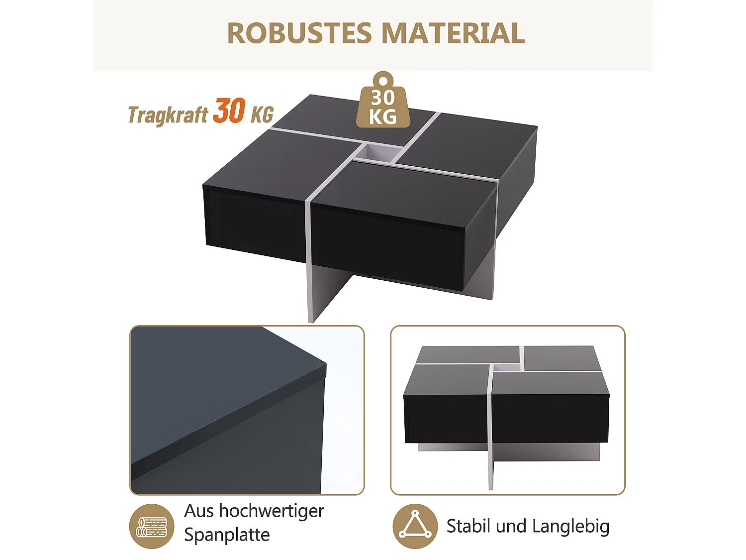 Table basse coulissante avec 4 compartiments cachés - 70 x 70 x 35 cm - panneaux de particules - noir