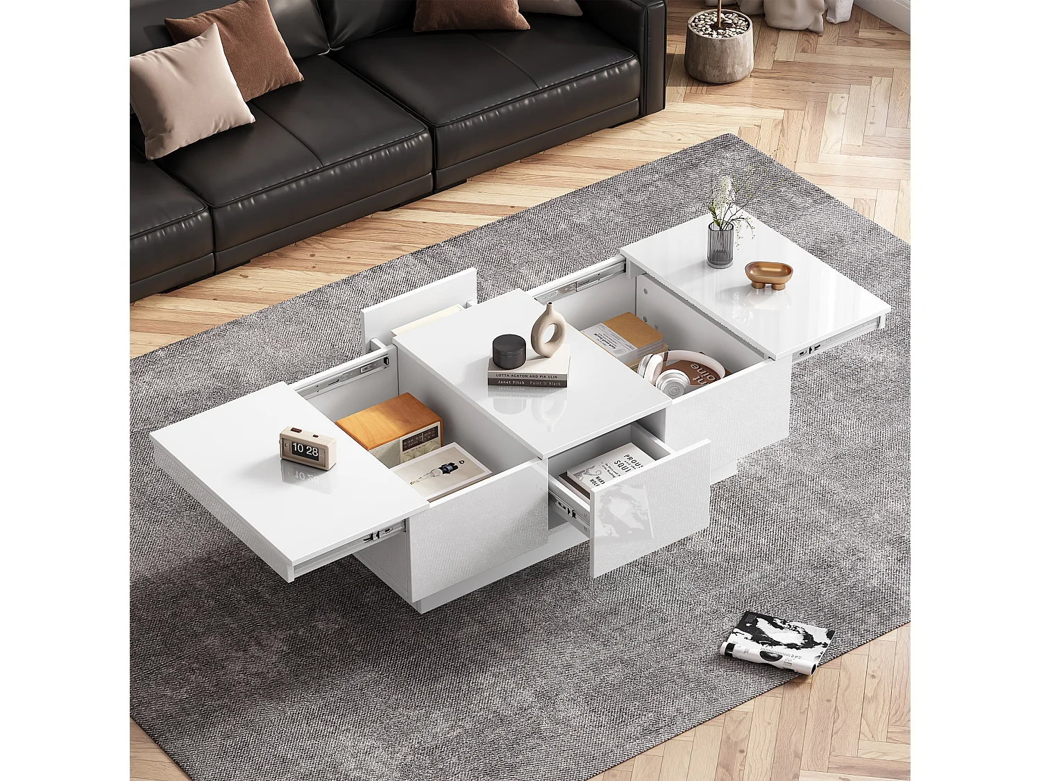 Mesa de centro deslizante com 2 gavetas e 2 compartimentos ocultos - 100 x 55 x 35 cm - aglomerado - branco brilhante
