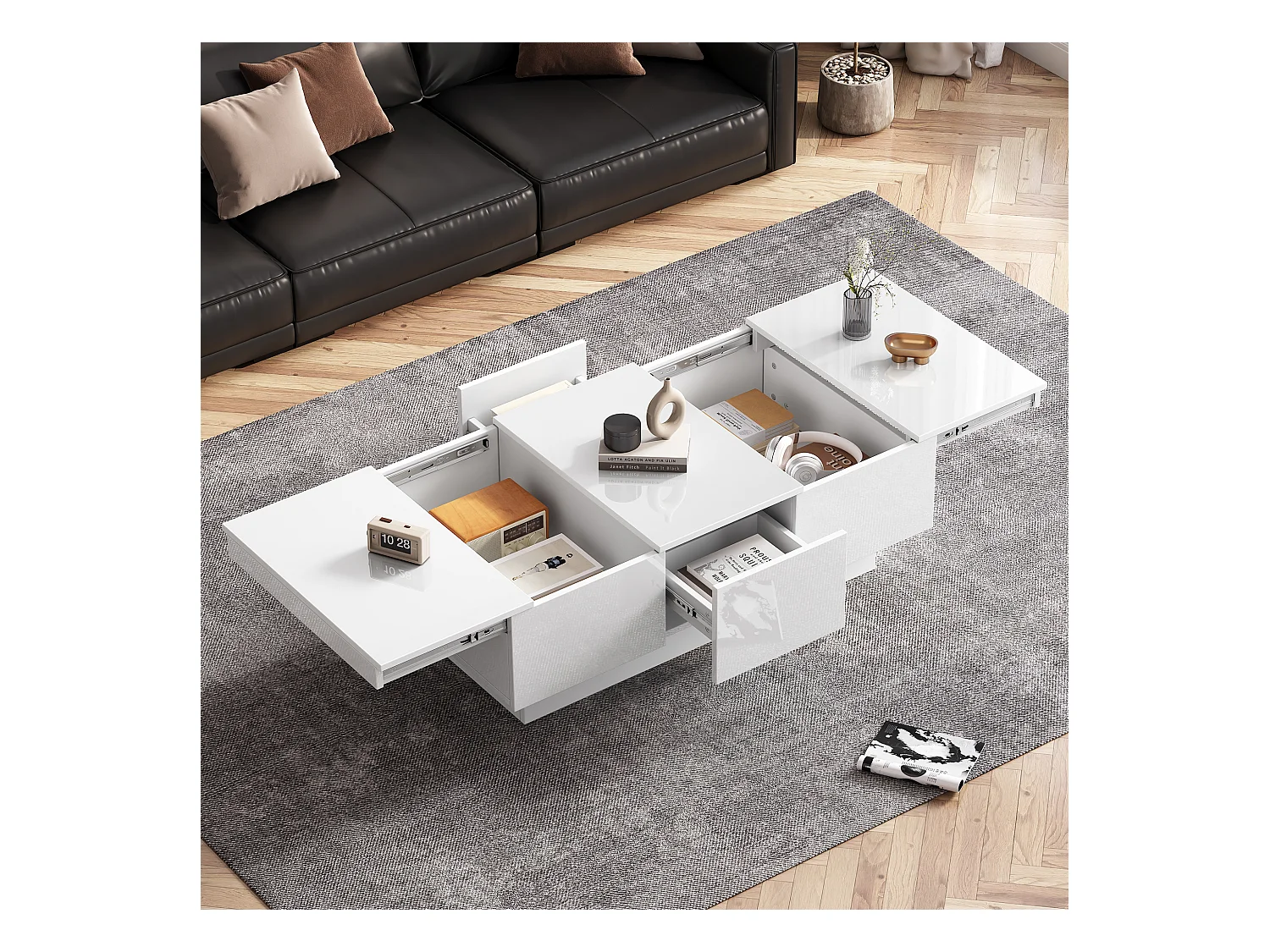 Ausziehbarer Couchtisch mit 2 Schubladen und 2 versteckten Fächern – 100 x 55 x 35 cm – Spanplatte – glänzend weiß