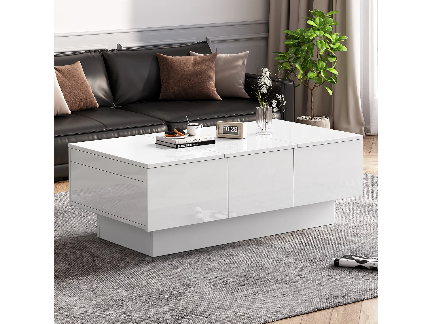 Uitschuifbare salontafel met 2 lades en 2 verborgen vakken - 100 x 55 x 35 cm - spaanplaat - glanzend wit