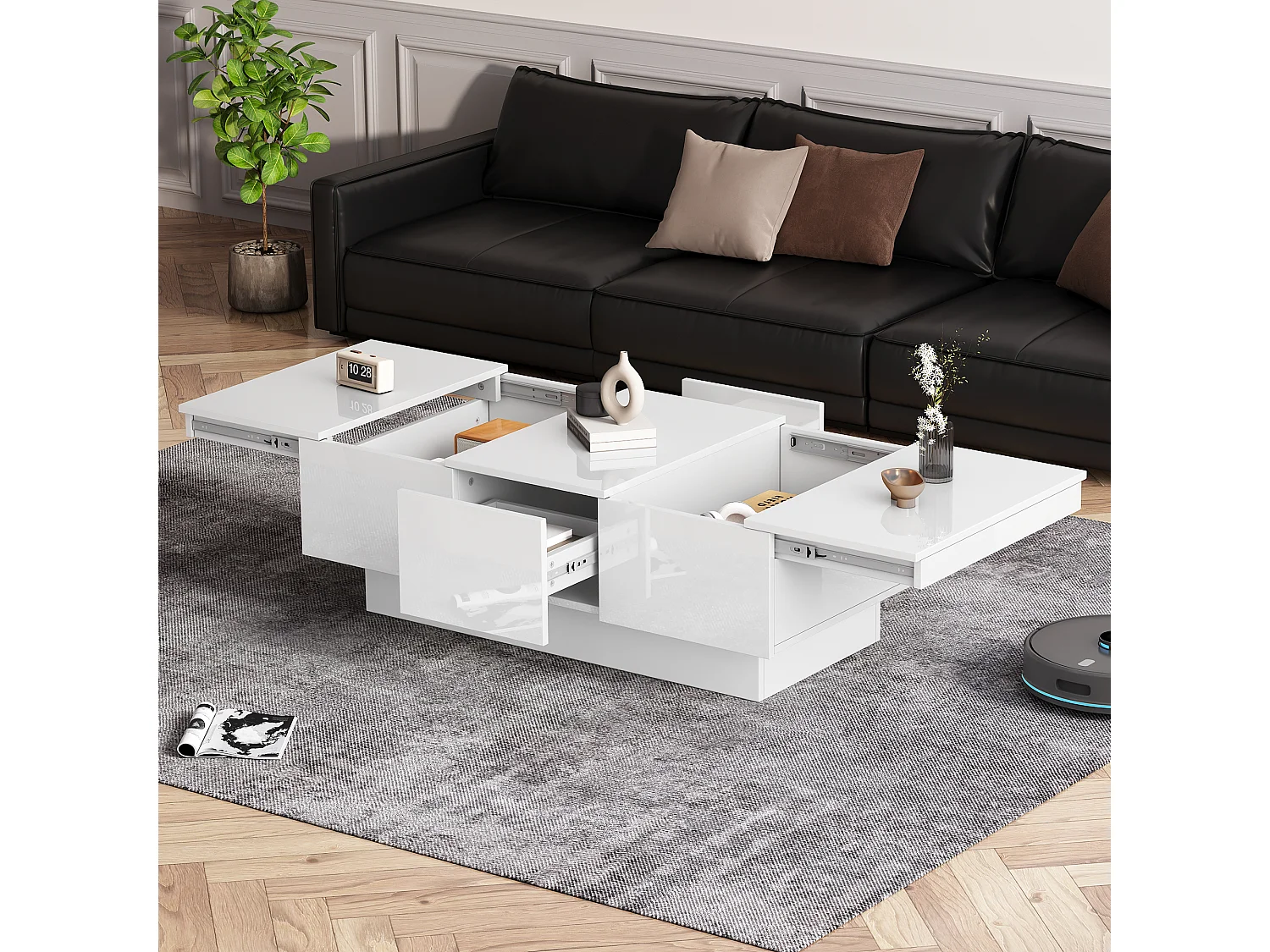 Uitschuifbare salontafel met 2 lades en 2 verborgen vakken - 100 x 55 x 35 cm - spaanplaat - glanzend wit