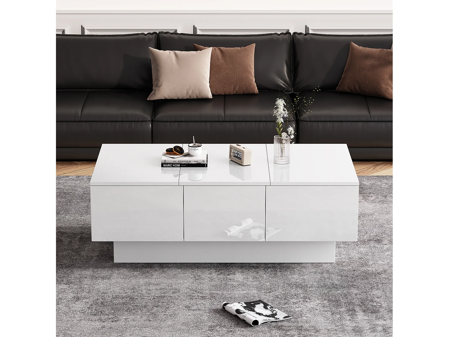 Uitschuifbare salontafel met 2 lades en 2 verborgen vakken - 100 x 55 x 35 cm - spaanplaat - glanzend wit