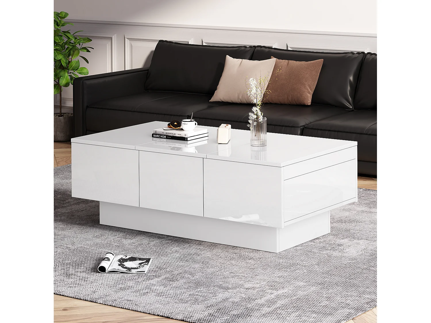 Uitschuifbare salontafel met 2 lades en 2 verborgen vakken - 100 x 55 x 35 cm - spaanplaat - glanzend wit