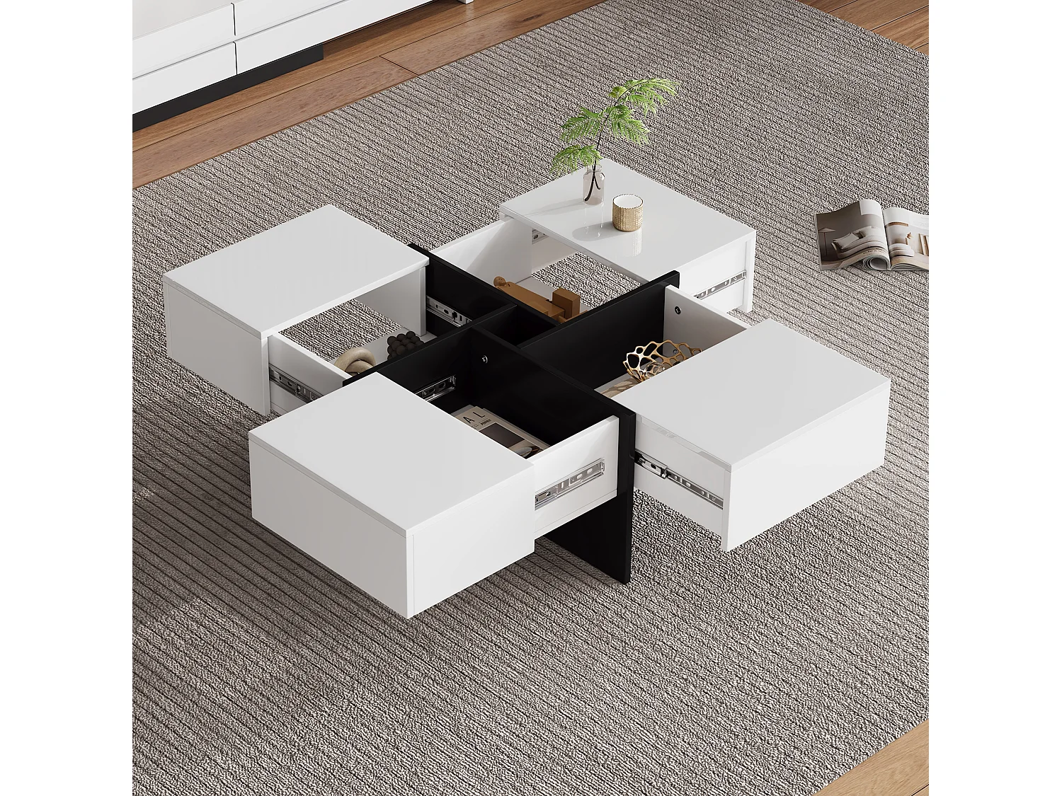 Table basse coulissante avec 4 compartiments cachés - 70 x 70 x 35 cm - panneaux de particules - blanc