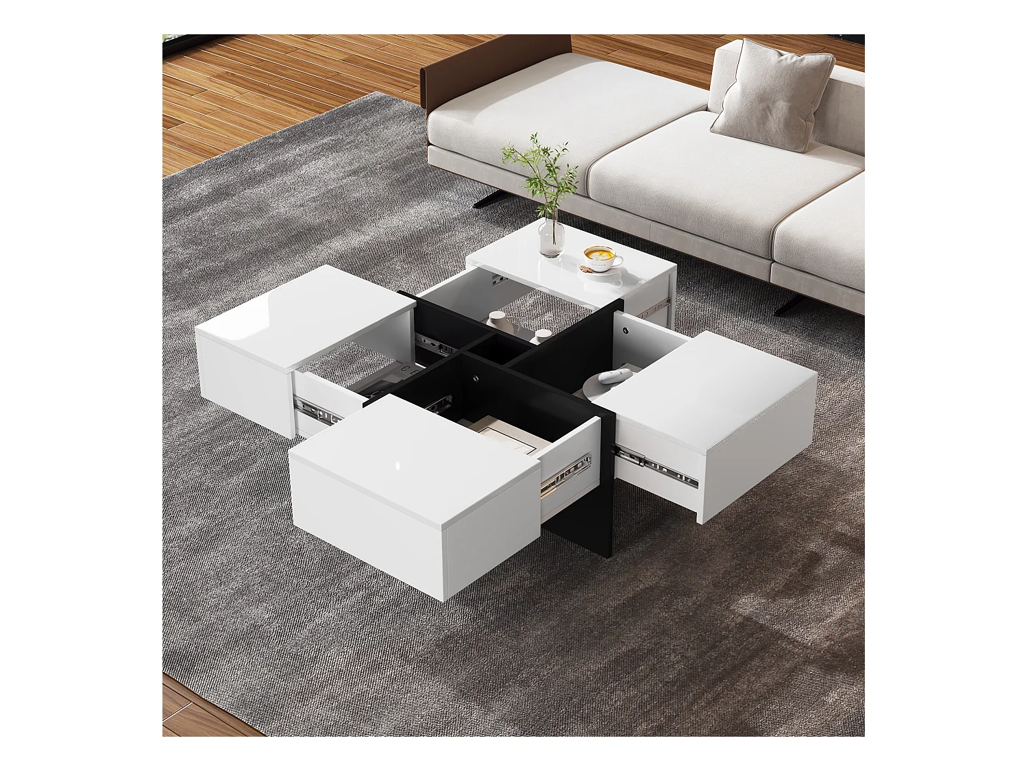 Ausziehbarer Couchtisch mit 4 versteckten Fächern – 70 x 70 x 35 cm – Spanplatte – weiß
