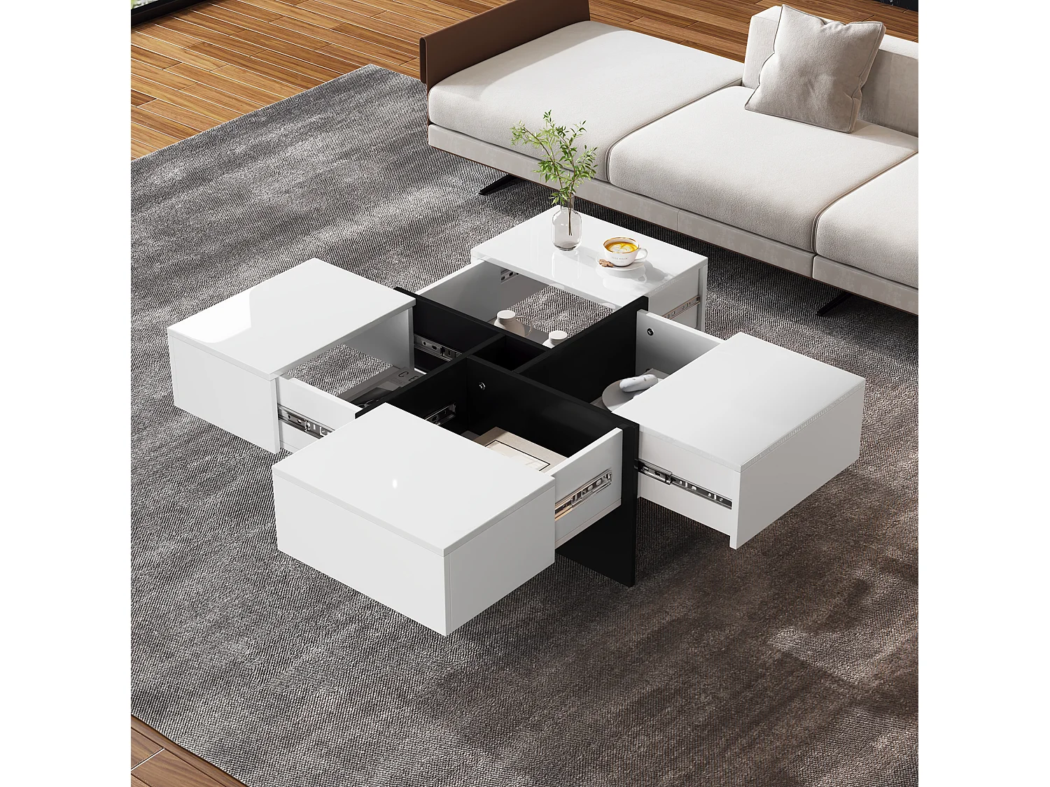 Ausziehbarer Couchtisch mit 4 versteckten Fächern – 70 x 70 x 35 cm – Spanplatte – weiß