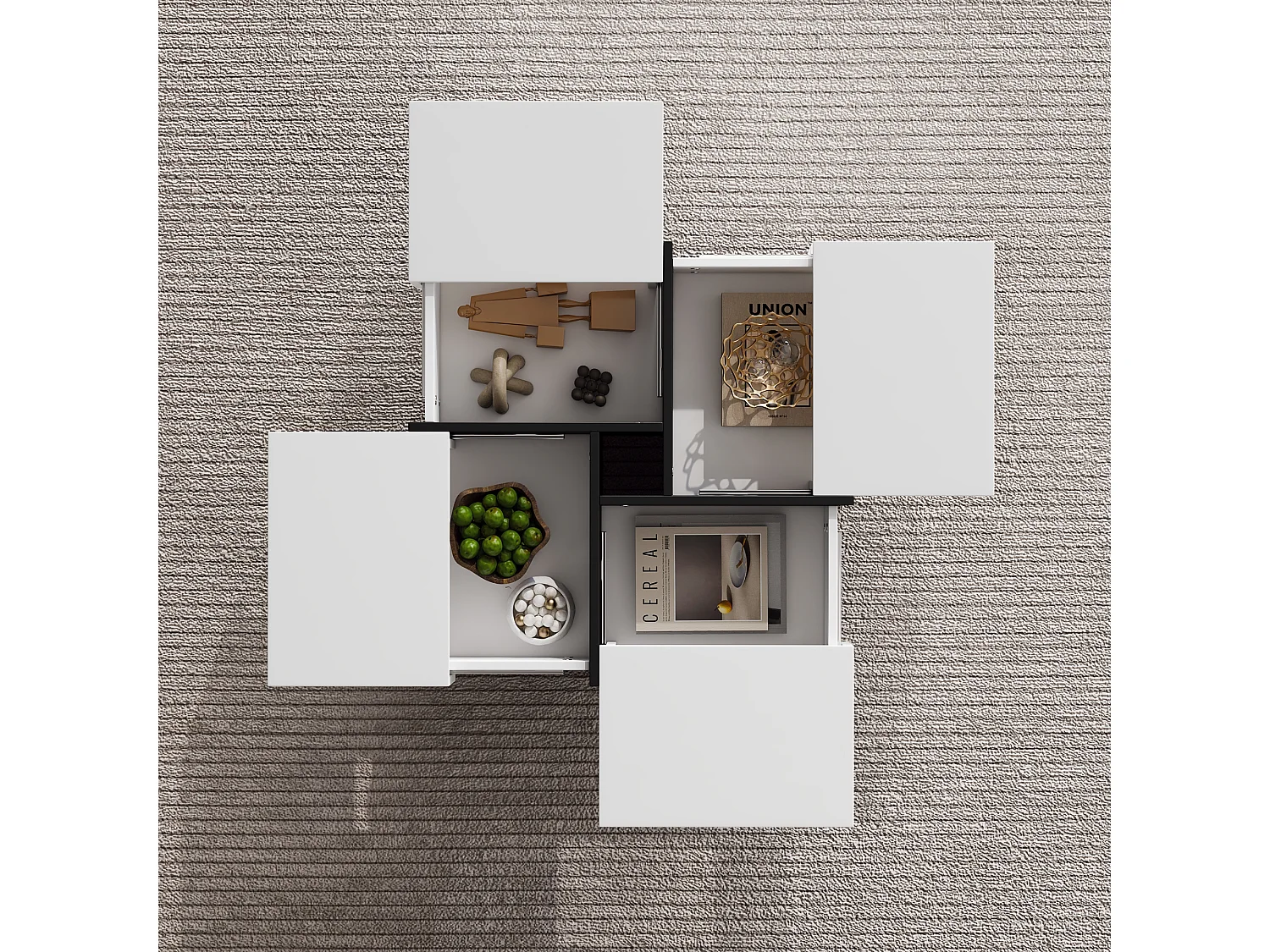 Ausziehbarer Couchtisch mit 4 versteckten Fächern – 70 x 70 x 35 cm – Spanplatte – weiß