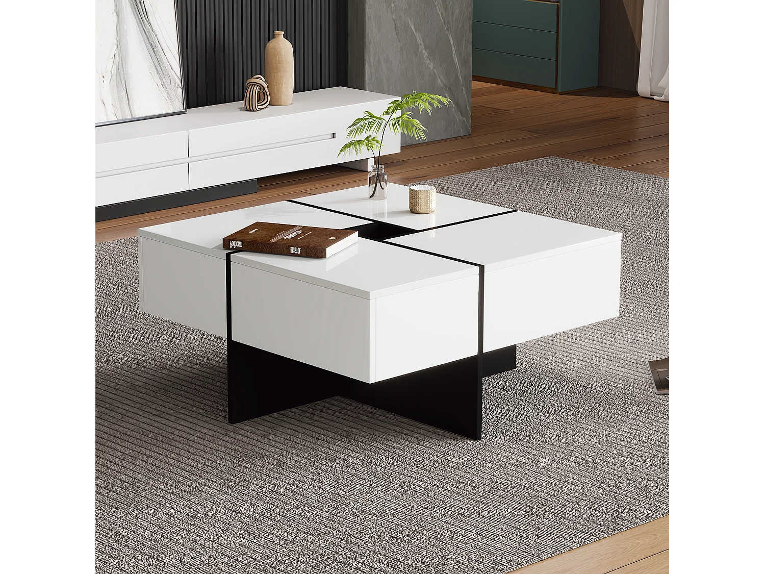 Ausziehbarer Couchtisch mit 4 versteckten Fächern – 70 x 70 x 35 cm – Spanplatte – weiß