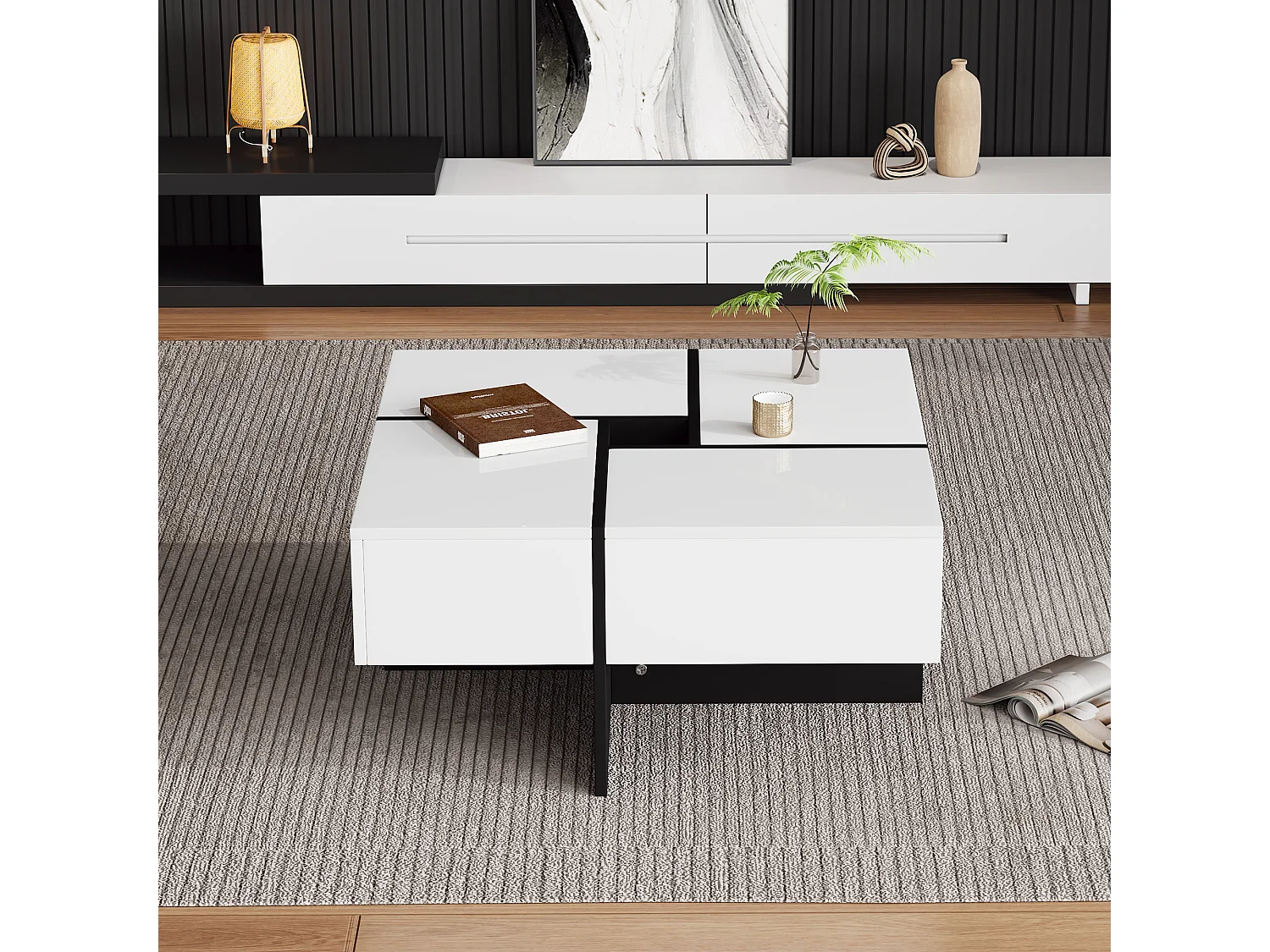 Ausziehbarer Couchtisch mit 4 versteckten Fächern – 70 x 70 x 35 cm – Spanplatte – weiß