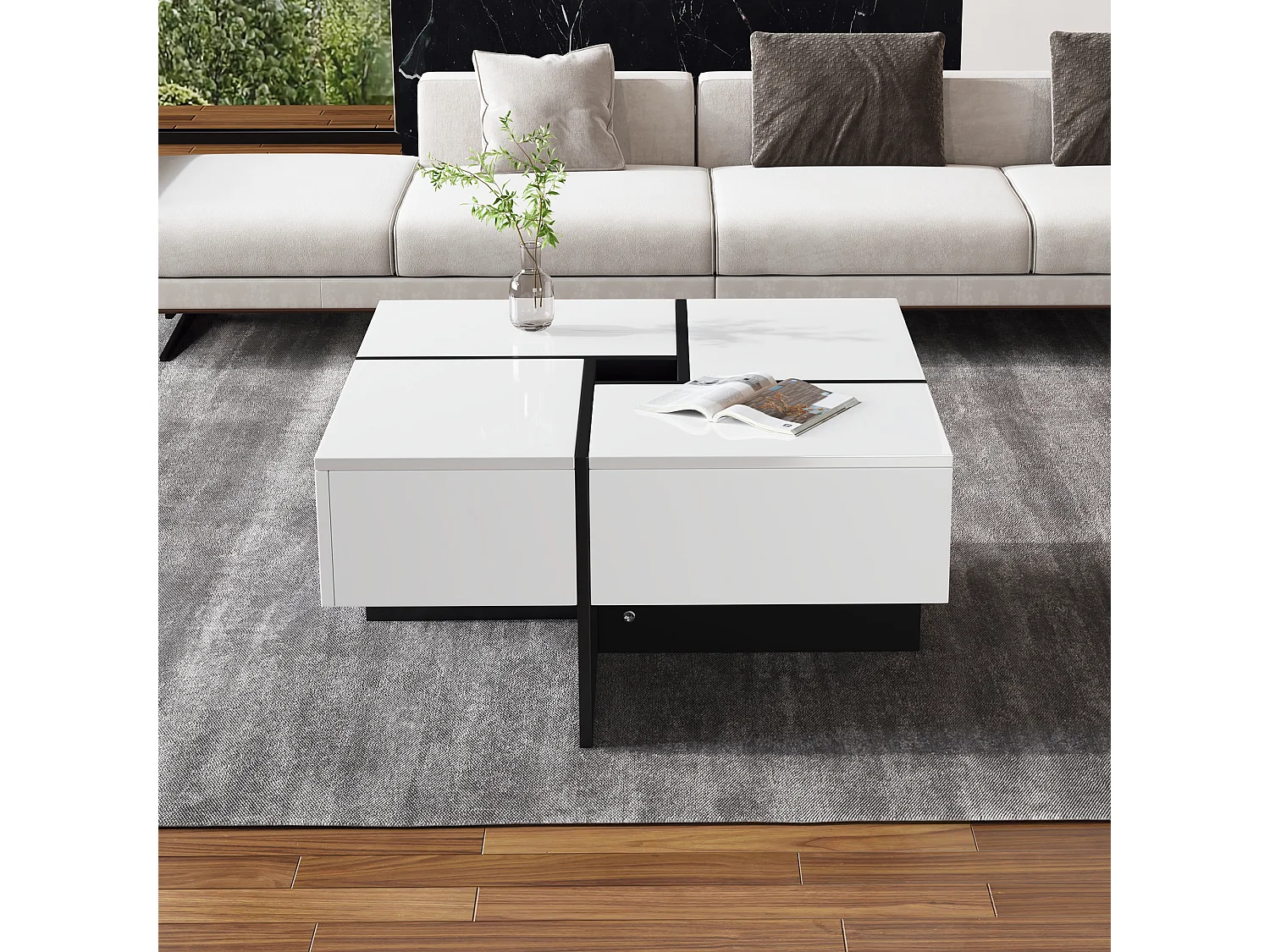 Ausziehbarer Couchtisch mit 4 versteckten Fächern – 70 x 70 x 35 cm – Spanplatte – weiß