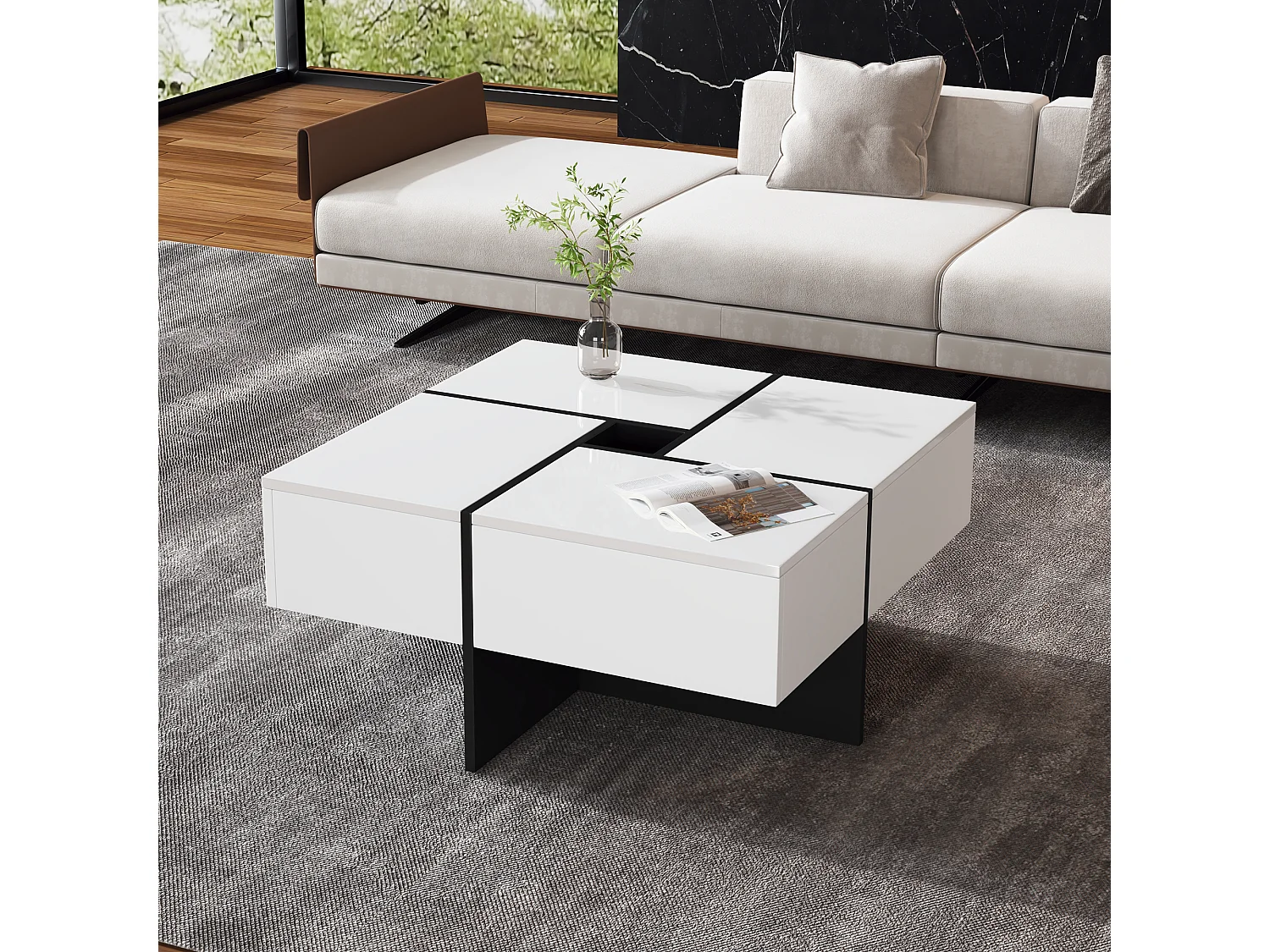 Ausziehbarer Couchtisch mit 4 versteckten Fächern – 70 x 70 x 35 cm – Spanplatte – weiß