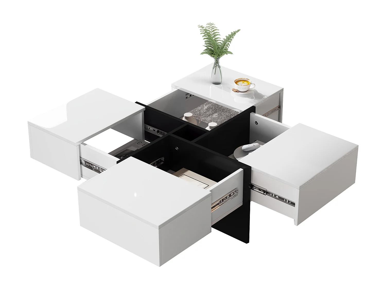 Ausziehbarer Couchtisch mit 4 versteckten Fächern – 70 x 70 x 35 cm – Spanplatte – weiß