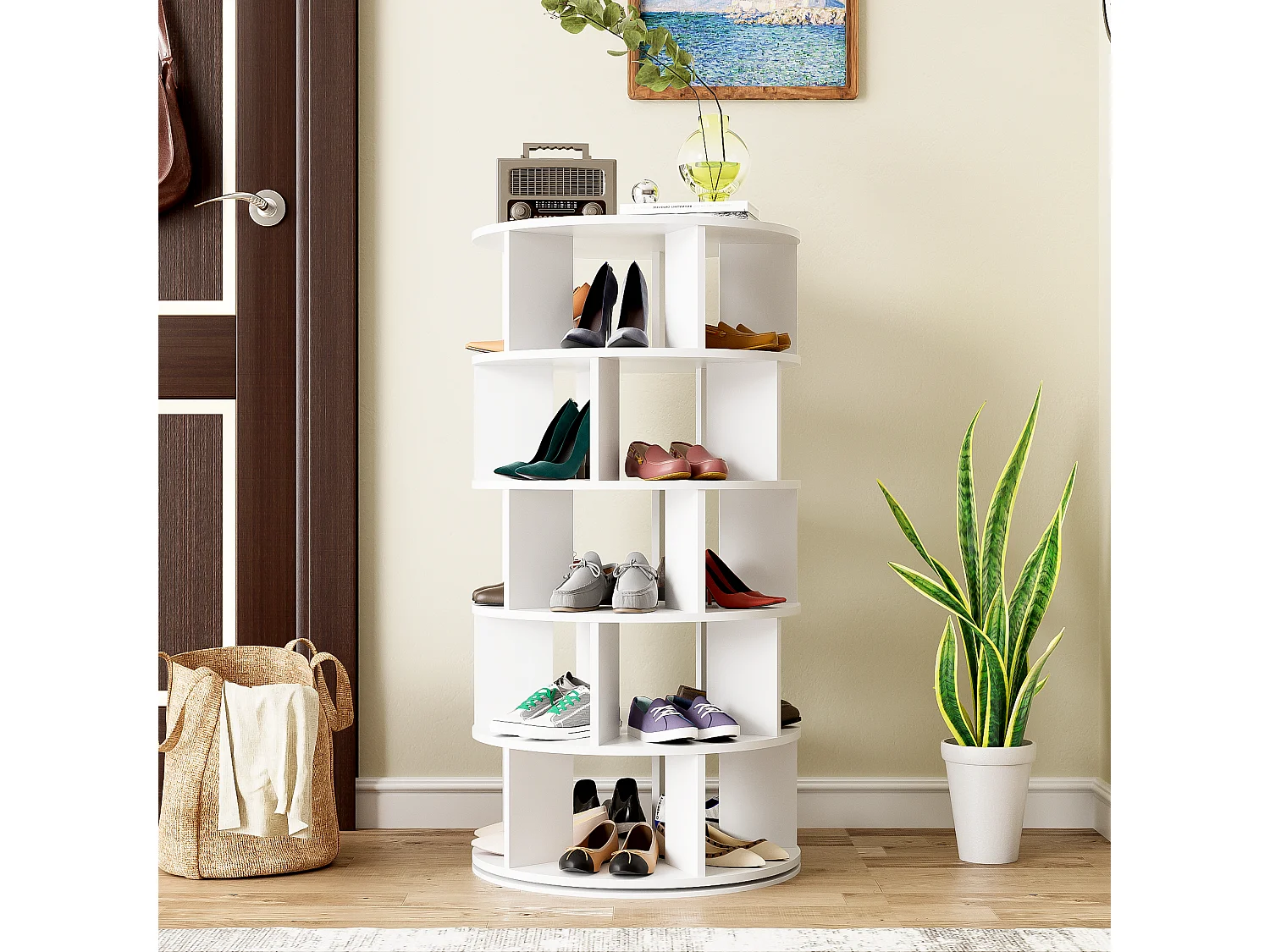 Drehbarer Eckschuhschrank mit 5 Regalen – T 60 x H 115 cm – Spanplatte – Weiß