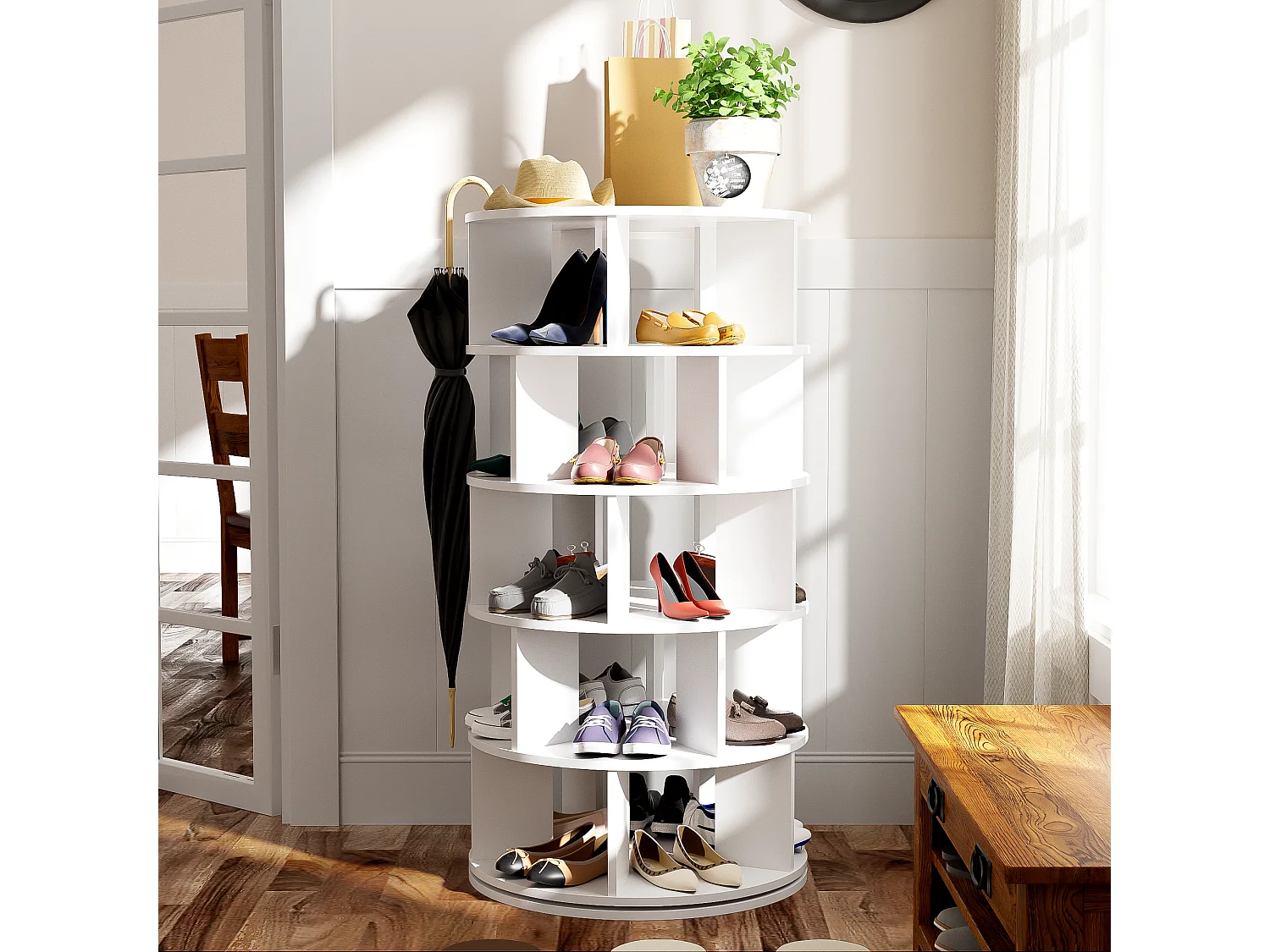 Drehbarer Eckschuhschrank mit 5 Regalen – T 60 x H 115 cm – Spanplatte – Weiß