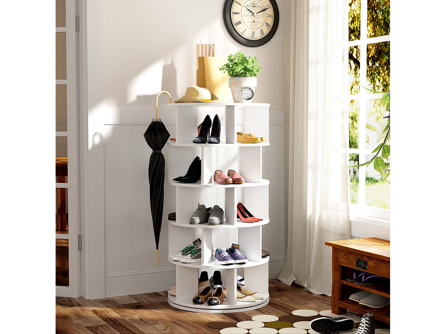 Drehbarer Eckschuhschrank mit 5 Regalen – T 60 x H 115 cm – Spanplatte – Weiß