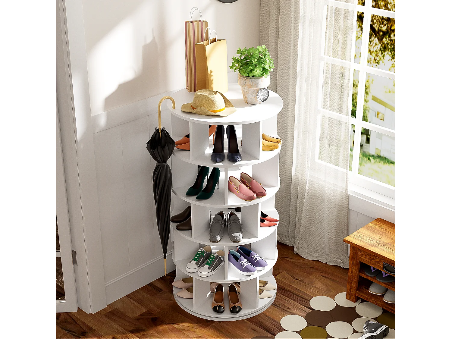 Scarpiera angolare girevole con 5 ripiani - P 60 x H 115 cm - Truciolare - Bianco