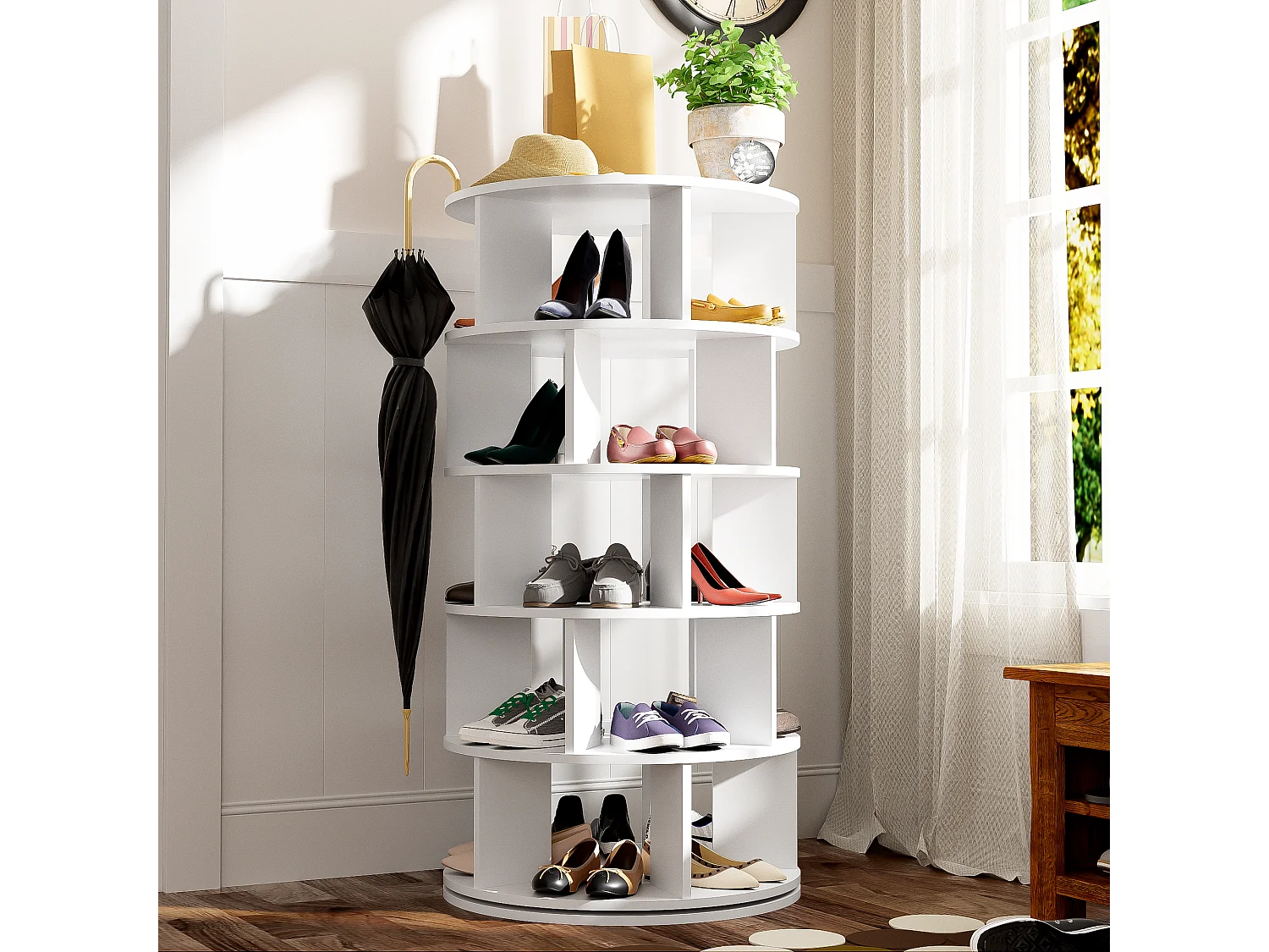 Scarpiera angolare girevole con 5 ripiani - P 60 x H 115 cm - Truciolare - Bianco