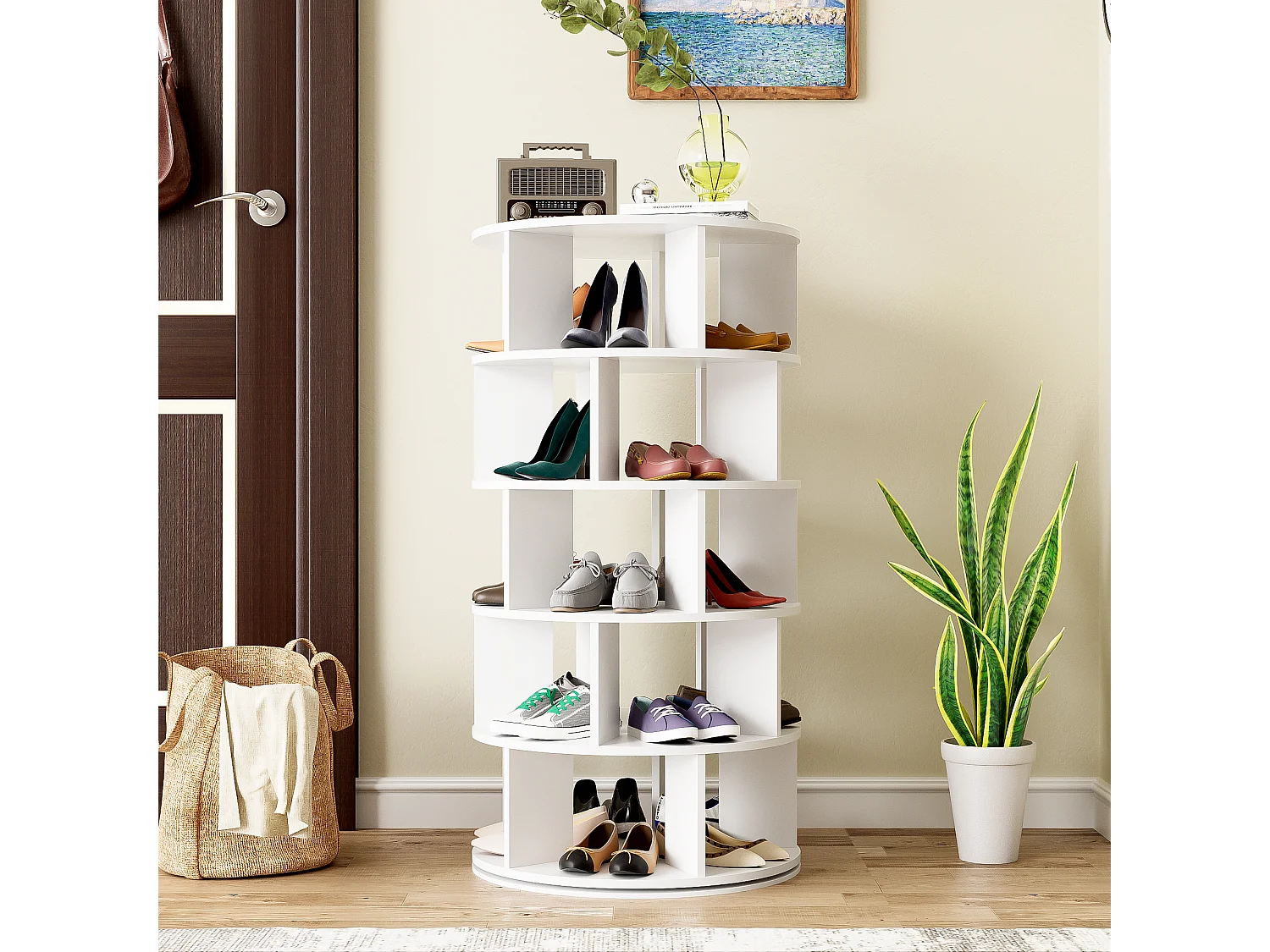 Scarpiera angolare girevole con 5 ripiani - P 60 x H 115 cm - Truciolare - Bianco