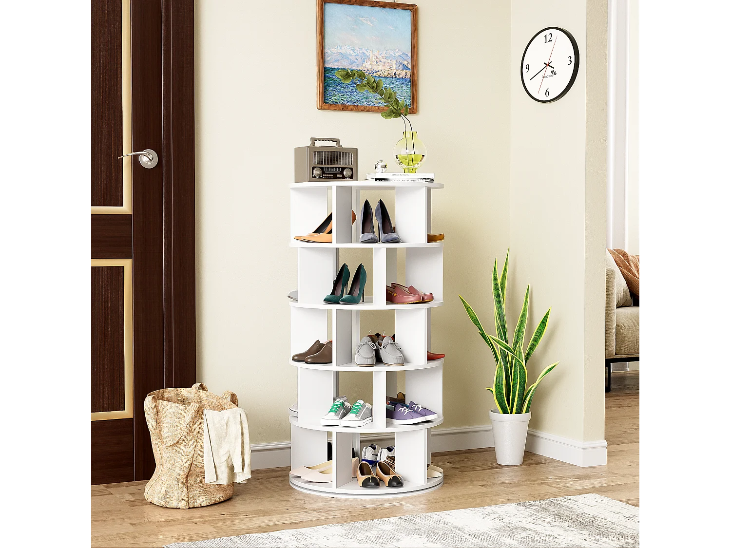 Scarpiera angolare girevole con 5 ripiani - P 60 x H 115 cm - Truciolare - Bianco