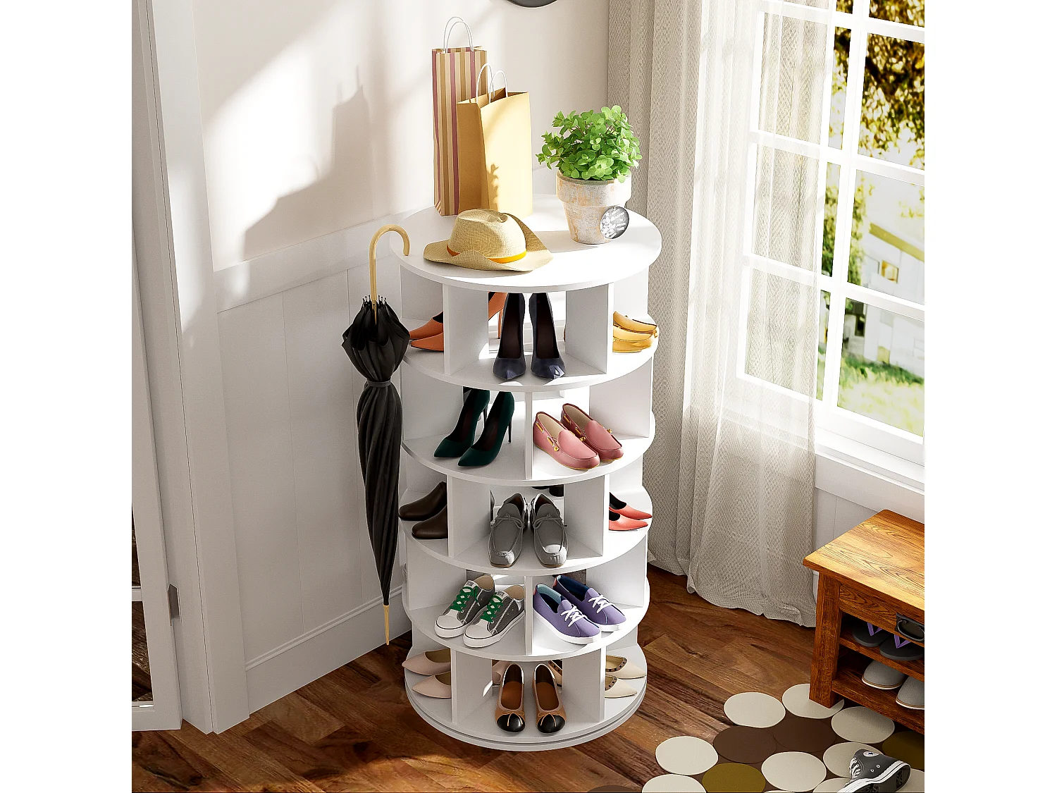 Meuble à chaussures d'angle rotatif avec 5 étagères - D 60 x H 115 cm - Panneau de particules - Blanc