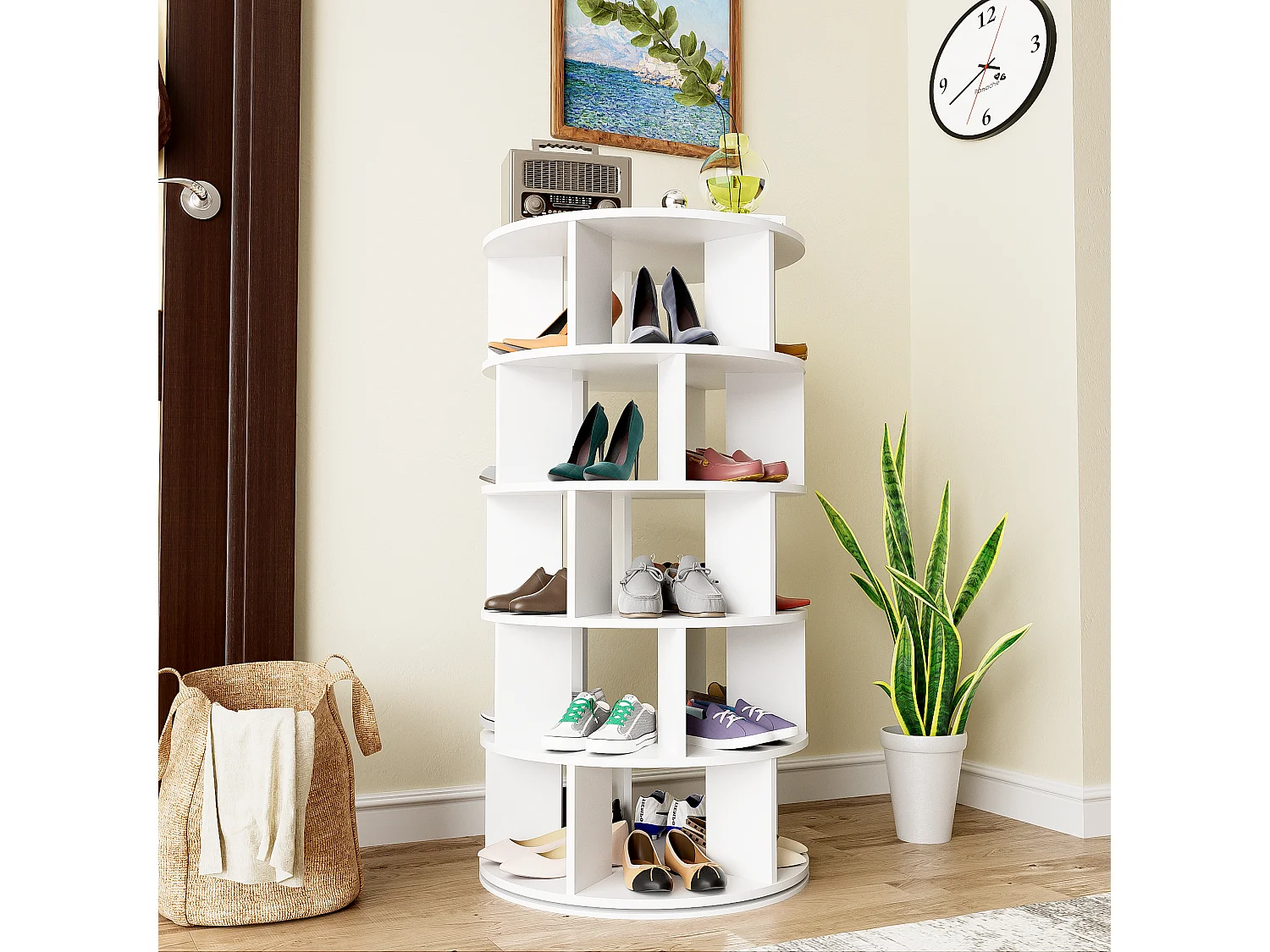 Meuble à chaussures d'angle rotatif avec 5 étagères - D 60 x H 115 cm - Panneau de particules - Blanc