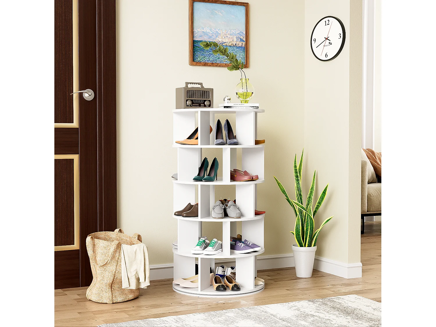 Meuble à chaussures d'angle rotatif avec 5 étagères - D 60 x H 115 cm - Panneau de particules - Blanc